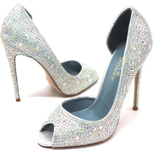 Moraima Snc High Quality Crystal Embellished Party Wedding Heels Sexy Peep Toe Woman Thin heels Shoes 12cm Heels Pumps