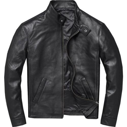 Mens Genuine Pure Natural Sheepskin Black Korean Leather Jacket Casual Slim-fit Motorcycle Jacket Sheep Leather Jacket Coat XL