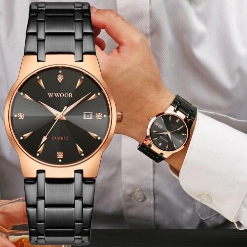 WWOOR 2021 New Stainless Steel Date Watch For Men Top Brand Luxury Black Waterproof Men Wrist Watch Stainless Steel Quartz Clock