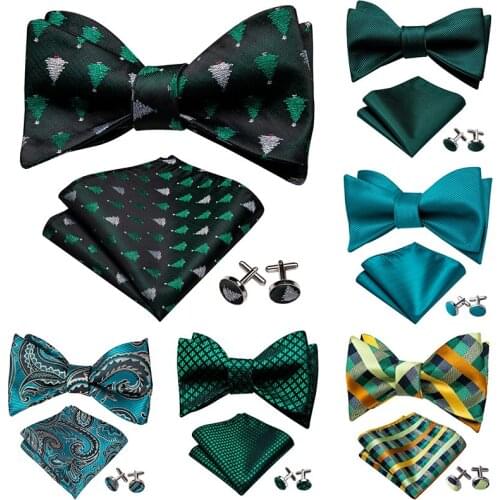 Men Bowtie Set Green Silk Jacquard Floral Bows Pocket Cufflinks Self-Bow Tie For Men Butterfly Party Wedding LH-1053 Barry.Wang