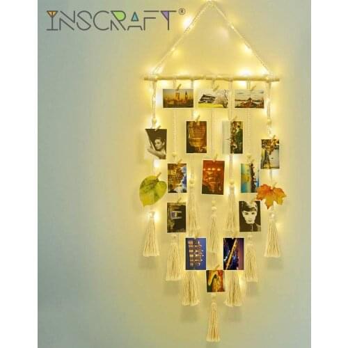 Handmade Wall Hanging Photo Display Macrame with Fairy Light Boho Woven Picture Collage Frame Tassels for Home Decor