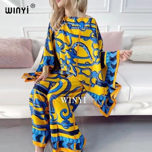 2021 New Fashion Africa two-piece suit Boho Printed Over Size Traf Robe Kimonno Dress Women Elastic Silk Floor Length Caftan