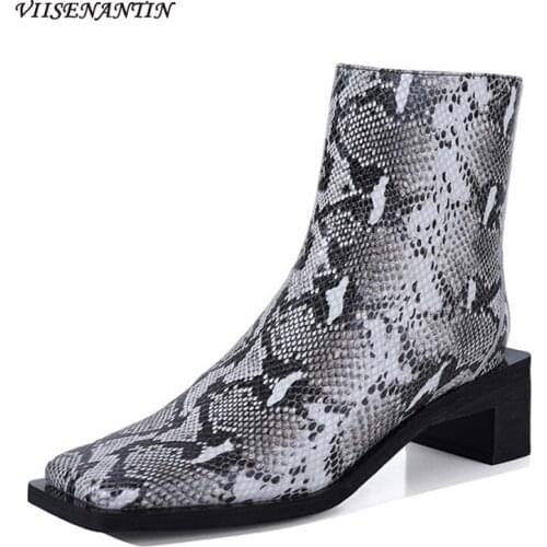 2021 spring autumn new sexy snake print short boots womens square toe thick heel mid-heel leather boots fashion trendy boots