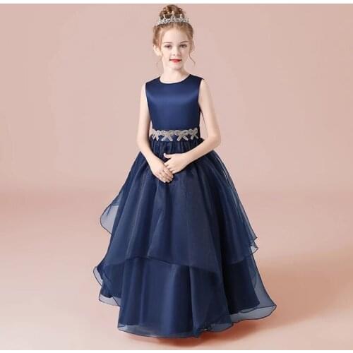 Girls Formal Dresses Girl Wedding Party Dress First Communion Dresses Navy Organza Satin Pleats Junior Bridesmaid Dresses