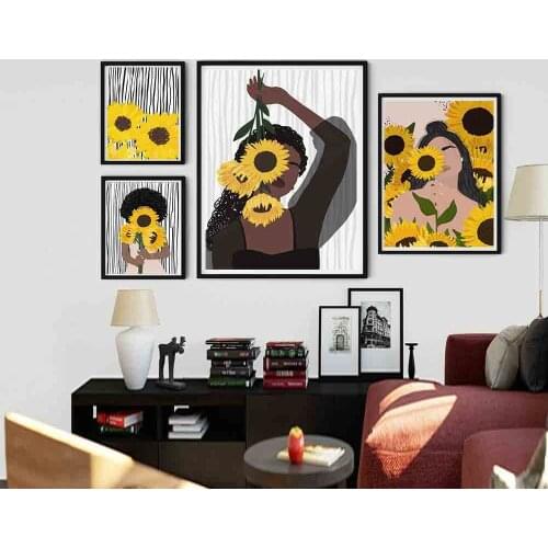 Sunflowers Black Girl Woman Wall Art Canvas Painting Feminist Posters And Prints Pictures Afro Queen Portrait Bedroom Home Decor