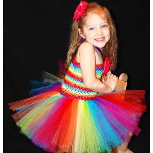 Baby Girl Rainbow Bright Couture Tutu Dress and Daisy Hair Clip Set Infant Halloween Christmas Costume Photo Props TS099