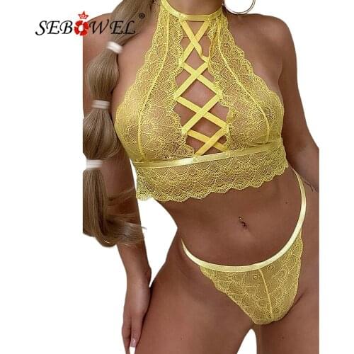SEBOWEL Womens Sexy Lace Longline Halter Bralette & Thong Set Female Solid Backless Hollow Lingerie Suit Slim Bedtime Nightwear