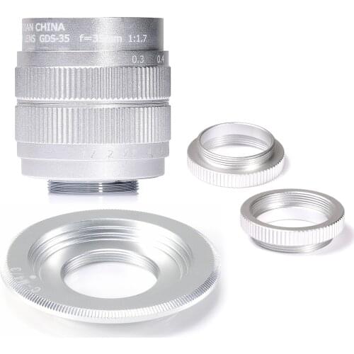 Silver Fujian 35mm f/1.7 APS-C CCTV Lens+adapter ring+2 Macro Ring for Panasonic/Olympus M4/3 Mirroless Camera