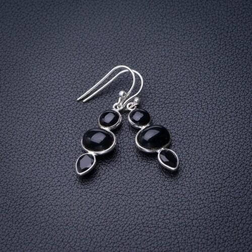 StarGems Natural Black Onyx Handmade 925 Sterling Silver Earrings 1.5" D7659