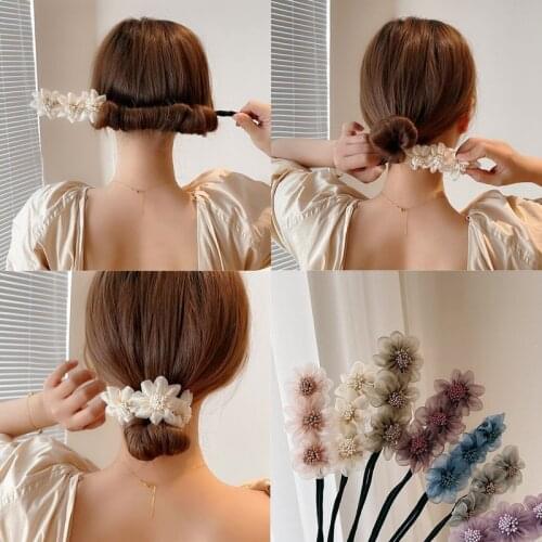 Women Elegant Bud Chiffon Flowers Bun Maruko Hairstyles Making Long Tools Sweet Headband Hairbands Fashion Hair Accessories