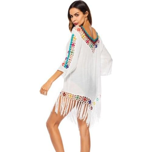 Women Bathing Suit Swimsuit Cover Ups 3/4 Sleeve Sexy V-Neck Irregular Tassel Beach Dress Off Shoulder Floral Crochet Tops