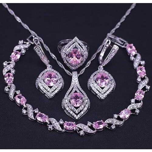 Luxury design silver color jewellry set for women egg square CZ & Crystal Silver Bracelet necklace earring ring set