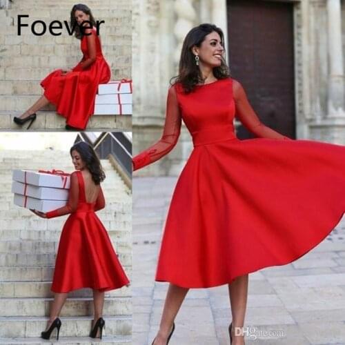 Long Sleeves Backless Short Prom Dresses 2019 Simple Tea Length Vestido de festa longo Formal Dress For Women Party Gown