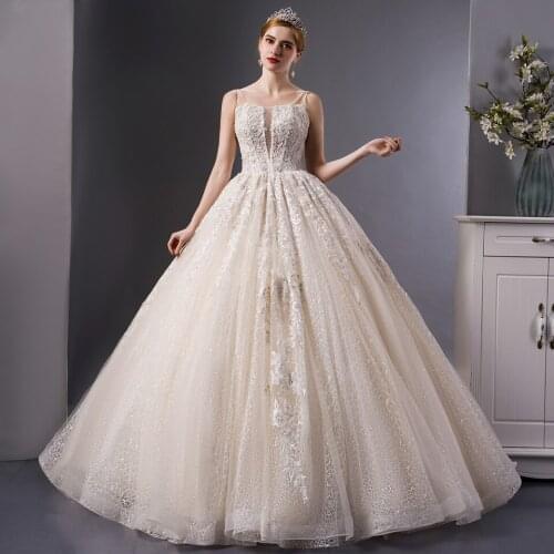 7006 elegant vestidos de novia 2020 alta calidad spaghetti strap beaded tulle church dresses for women vestido vintage ball gown