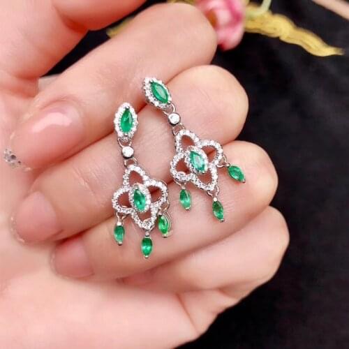 100% natural green emerald earrings Natural gemstone earrings S925 silver female party gift jewelry