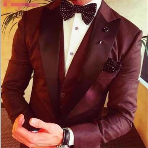 2019 Latest Design Casual Style Burgundy 3pieces Mens Dinner Party Prom Suit Groom Tuxedos Wedding Blazer (Jacket+Pants+Vest)