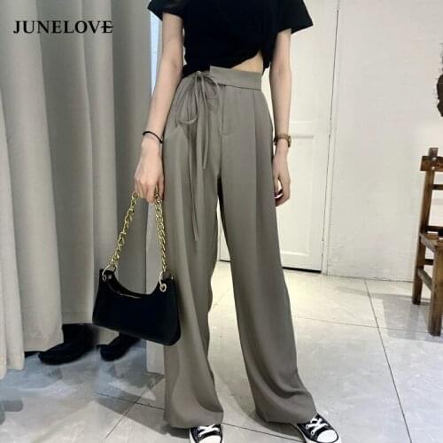 JuneLove Casual Pants Women Lace-up Harajuku Simple Loose Wide Leg Trousers Students Full Length Spring Ladies Chic Long Pants