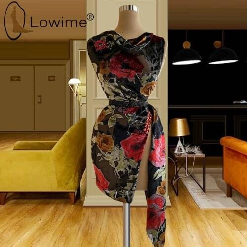 Black Floral Print Short Party Dresses Sexy Split Cocktail Dresses Custom Made Prom Gowns Robes De Soiree