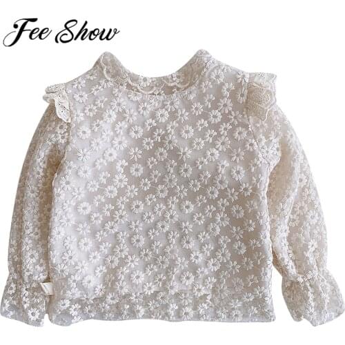 Kids Girls Stylish Solid Tops Ruffled Shoulder Long Sleeve Knitted Flower Pattern Shirt Blouses Toddler Kids Baby Girls Clothes