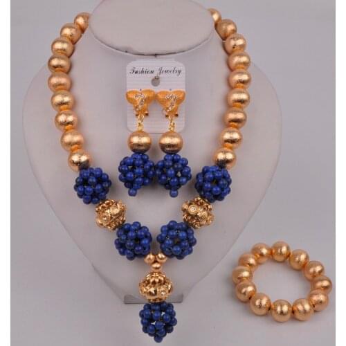 Dubai Gold Costume Necklace Royal Blue African Jewelry Set Nigerian Jewelry Party Gifts Bridal Set Set 46-AB-02