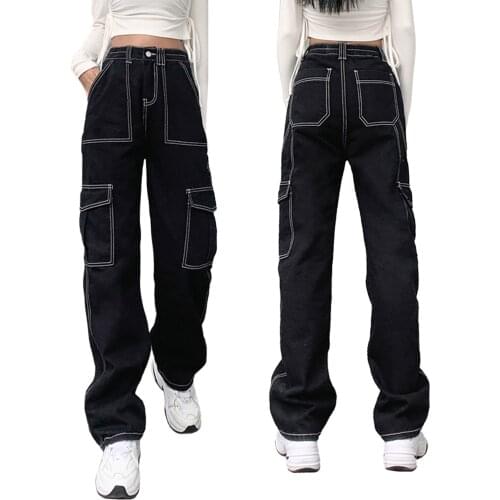 Women Straight Wide Leg Jeans Stitching Elastic High Waist Denim Pants with Pockets Large Casual Straight-leg Jeans Overalls