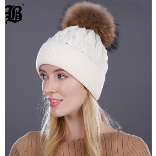 [FLB] Womens winter hat knitted Wool hats for womens girl 'swinter real mink fur pom poms beanies brand new thick female cap