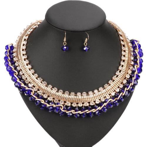 New Blue Red Rhinestone Bridal Jewelry Set Wedding Prom Party Accessories Gold Color Necklace Earring Set For Brides Women