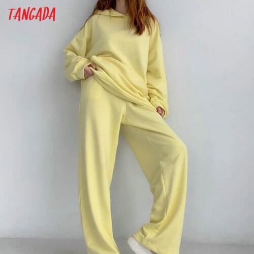 Tangada 2021 Women Tracksuit Sets Yellow Oversized Sweatshirt Hoodies Cotton Suit 2 Pieces Sets Hood Tops and Pants 6L39