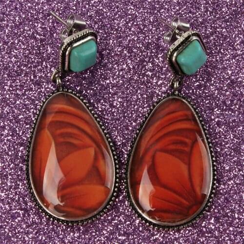 Fashion Ethnic Boho Brown Water Drop Stone Earring For Women Party Jewelry Exquisite Leather Flower Pattern Dangle Earrings Gift