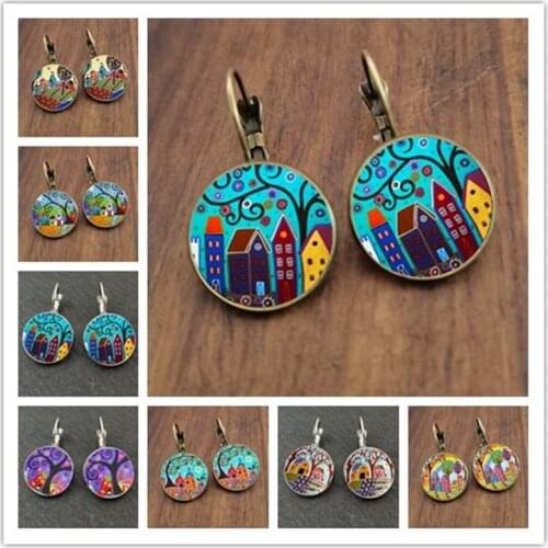 New Arrival Colorful House and Tree Women Stud Earring Abstract Oil Painting House Glass Cabochon Womens Earrings