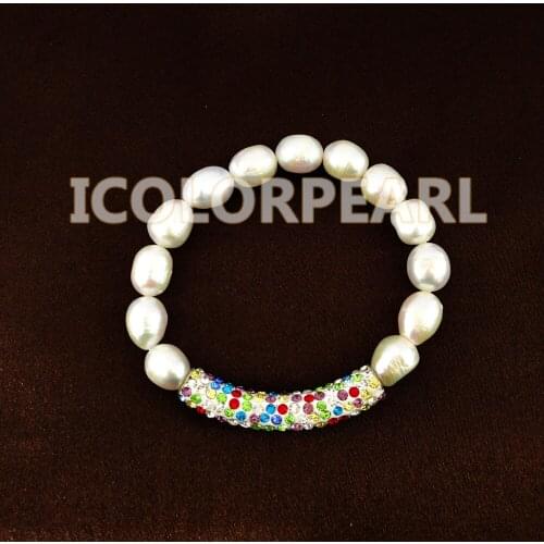 WEICOLOR Wholesale(10pcs/lot)10-11mm Egg Shaped White Natural Freshwater Pearl And Crystal Bracelet on Elastic