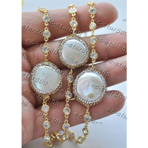 P7255 Handmade 32" 22mm White Coin Freshwater Pearl Golden CZ Inlay Necklace Choker