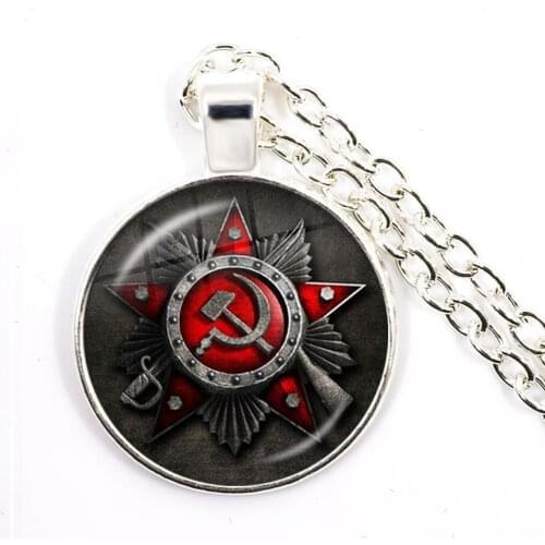 CCCP USSR Soviet Army Red Star Pendant Necklace 25mm Glass Cabochon Art Round Russian Badges LOGO Jewelry For Friends Gift