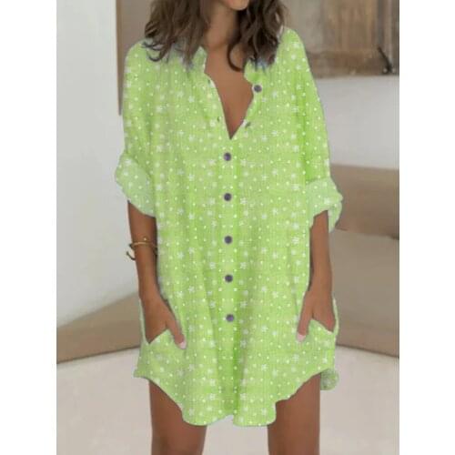 Puloru Summer Casual Women’s Short Sleeve Short Shirts Dress Loose Turn down Collar Single-breasted Cuff Sleeve Mini Dress