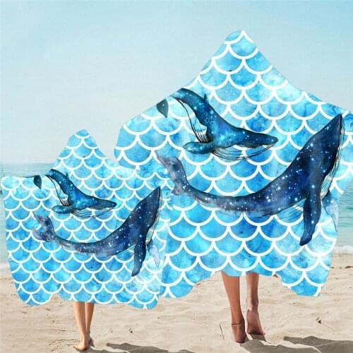 Cute Dolphin Printed Hooded Beach Towel For Adult Kids Microfiber Bath Towel With Hood Quick-drying Wearable Travel Bathrobe