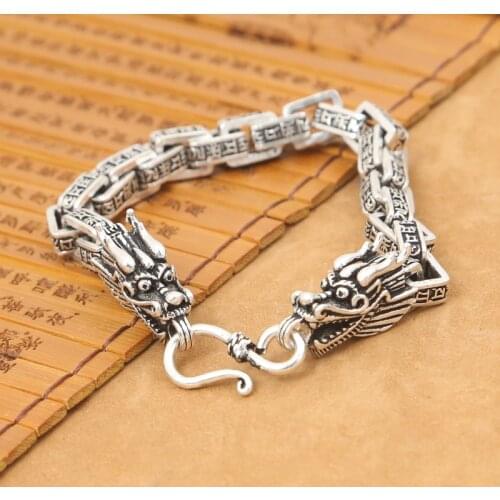 Handmade 925 Silver OM Mantra Dragon Bracelet Vintage Pure Silver Dragon Bracelet Sterling Silver Man Bracelet