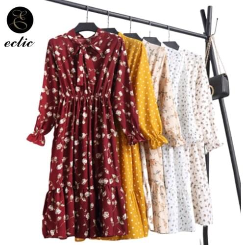 Chiffon Floral Dress High Waist Sukienka Front Knot Dress Robe Femme Ete 2021 Korean Fashion Polka Dot Dress Women Long Sleeve