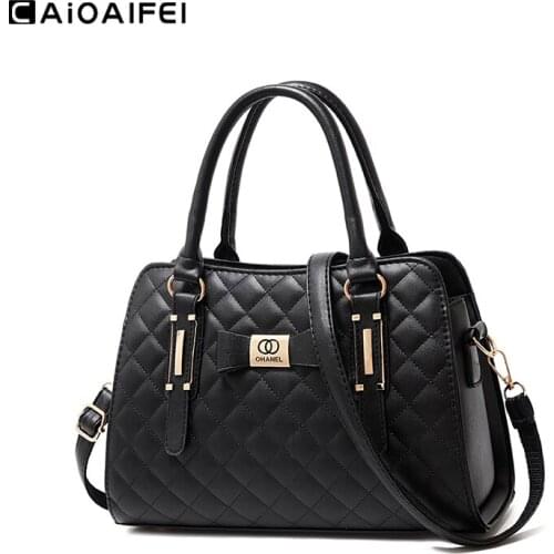 CAIOAIFEI fashion diamond lattice women leather luxury handbag bow-knot boston tote bag new female shoulder crossbody bag travel