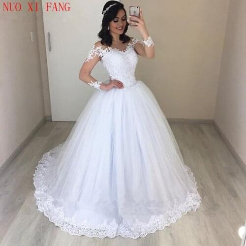 NUOXIFANG robe de mariee Long Sleeve Wedding Dress 2020 White Lace Bride Dresses See Through Back Wedding Gowns Vestido de Noiva