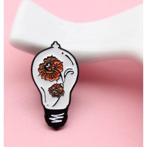 Vintage light bulb Enamel Brooch Botany Flower Lighting Helical interface W-filament bulb lamp Lapel Pin Badges, jewelry, gifts