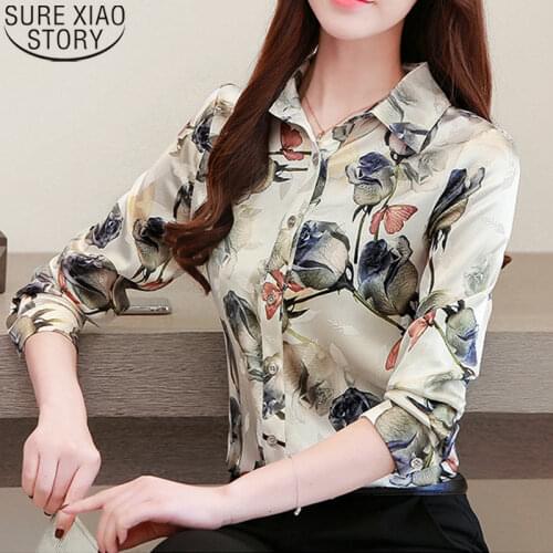 Rose Floral Print Blouse Silk Shirts Women Blouses Fashion 2021 Autumn Long Sleeve Shirt Women Tops Plus Size S-4XL Blusas 10725