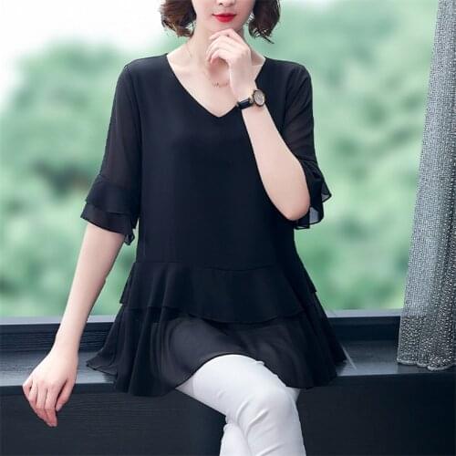 Women V-Neck Half Sleeves Chiffon Blouses&shirts Lady Elegant Ruffles Soft Slim Tops Female Plus Size Tops L- 8XL 10 Colors