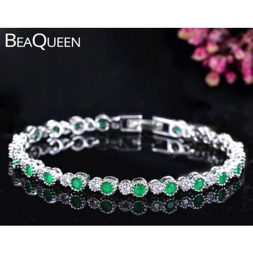 BeaQueen Lovely Crown Shape White Gold Color Natural Green White Round Cubic Zirconia Stones Tennis Bracelets for Women B105