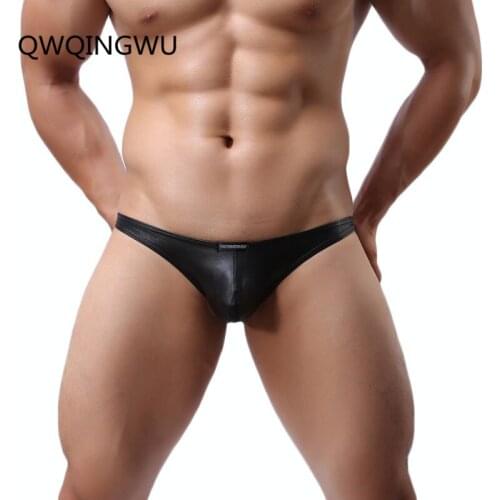Sexy Briefs Mens Open Butt Underwear Thong Cool Man Panties Patent Leather Men Underpants Black Imitation Leather Brief Thongs