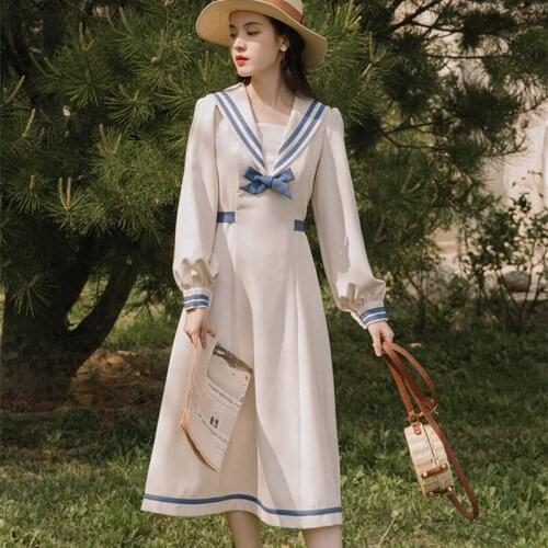 Japanese Preppy Style Dress Women 2021 Spring New Hot Sale French Design Sense Niche Retro Navy Collar Long Sleeve Dress