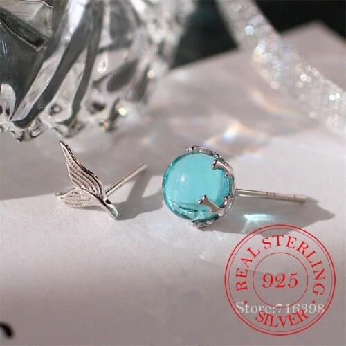 100% 925 Sterling Silver Blue Crystal Mermaid Stud Earring For Women Wedding Gift Ear Pierced Earings Creative Fashion Jewelry