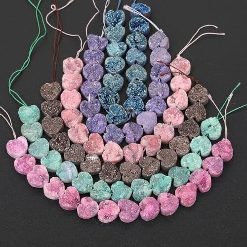14PCS/Strand.14mm Middle Drilled Blue Titanium Heart-Shape Druzy Geode Beads,Geode Stone Beads Bracelet Making DIY XFX-163AMFJ