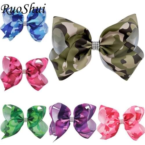 8Inch Large Ribbon Hair Bows Print Camouflage Girls Barrettes Hair Accessories For Women Festival Hair Clip Rhinestone Headdress