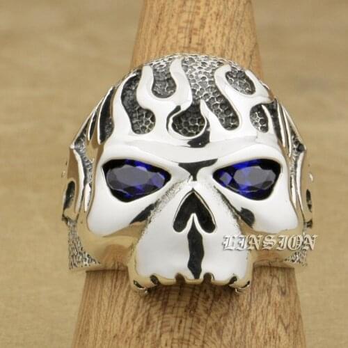 925 Sterling Silver Huge Heavy CZ Eyes Fire Skull Mens Biker Rocker Punk Ring 8D306 US Size 7 ~ 15