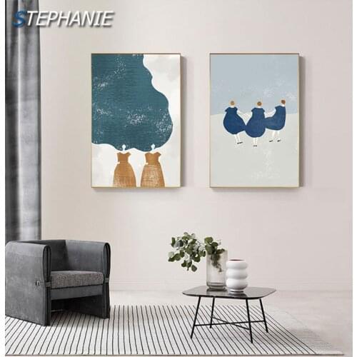 Abstract Yellow Dress Green Hair Canvas Painting Modern Blue Green Poster Print Wall Picture for Living Room Nordic Decoration